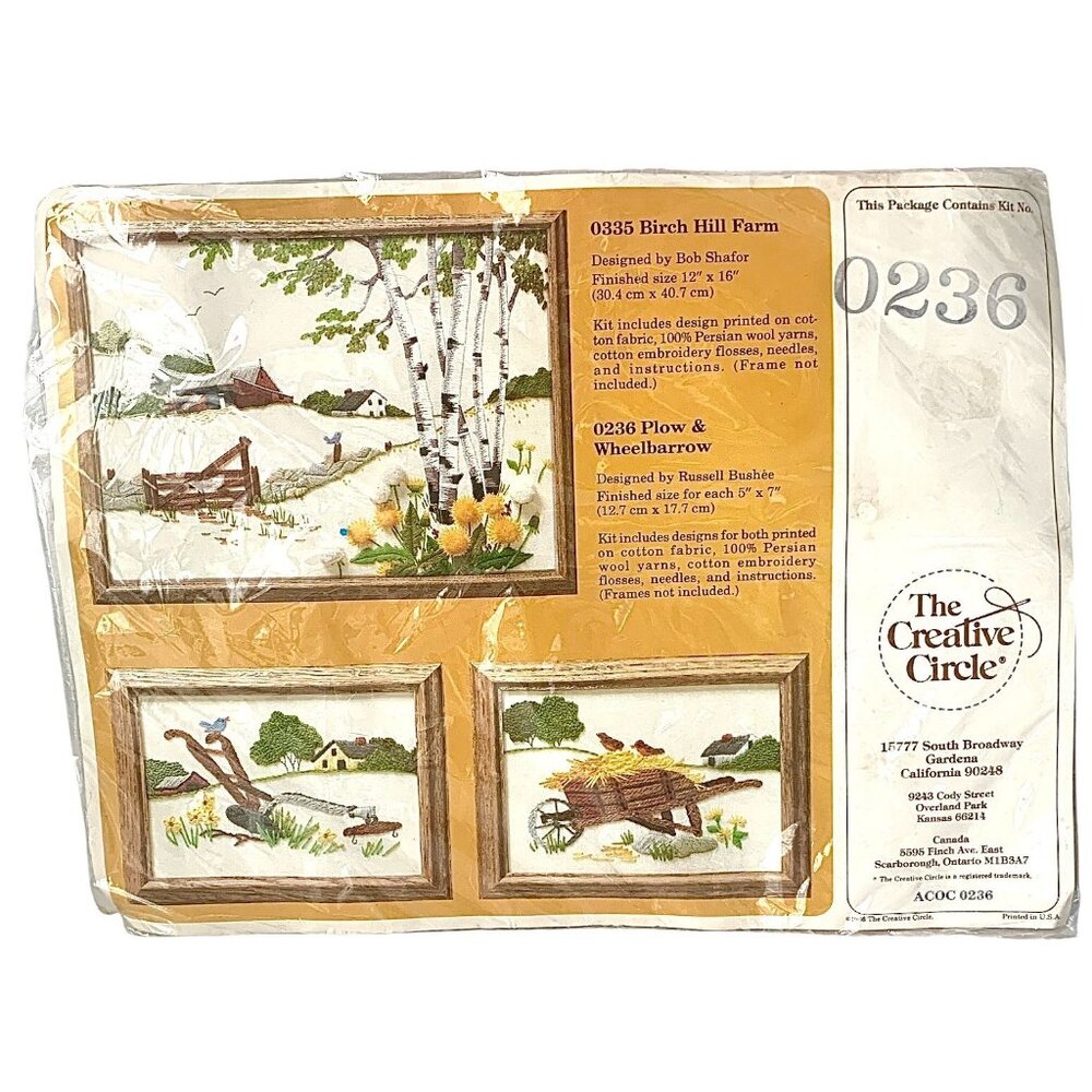 Creative Circle Needlework Kit 2 5X7 Pictures Plow and Wheelbarrow Kit #236